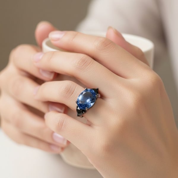 Unbranded Oval Blue Sapphire Three Stone Ring Size 7 Black Rhodium Gothic