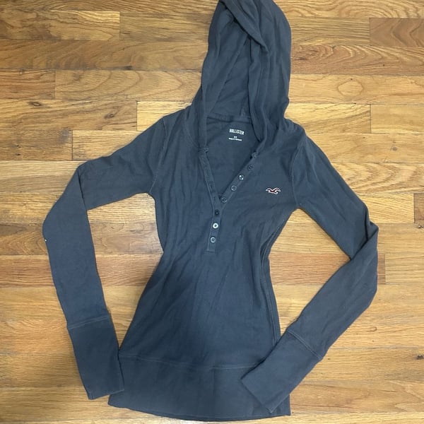 Hollister Hooded Henley Dark Gray Ribbed Long Sleeve Top