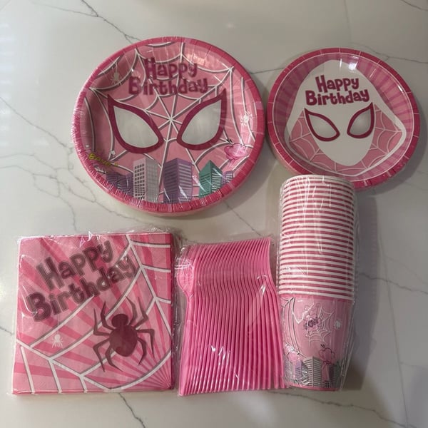 AURORAPARTY Pink Spider-Gwen Birthday Party Supplies Set