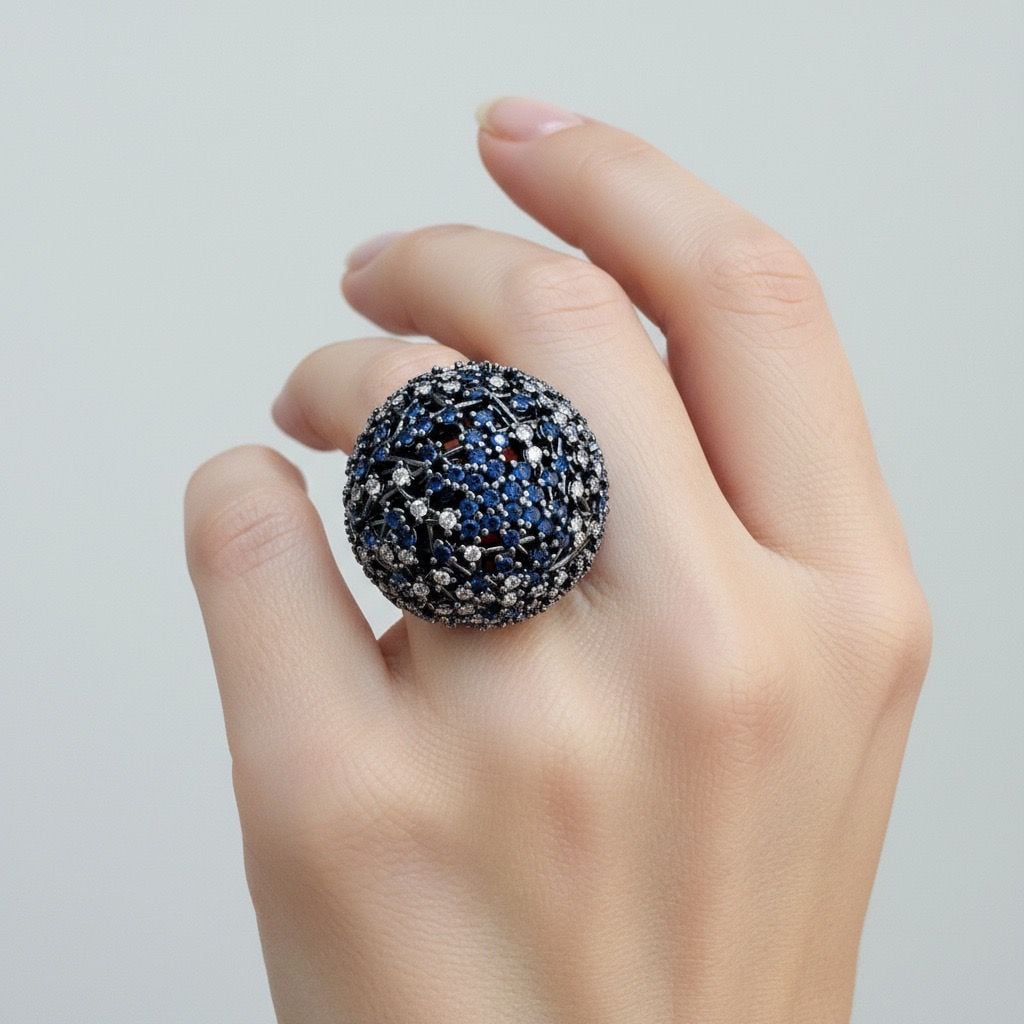 Unbranded Sapphire Diamond Dome Cocktail Ring Size 7.5 Blackened Metal 2