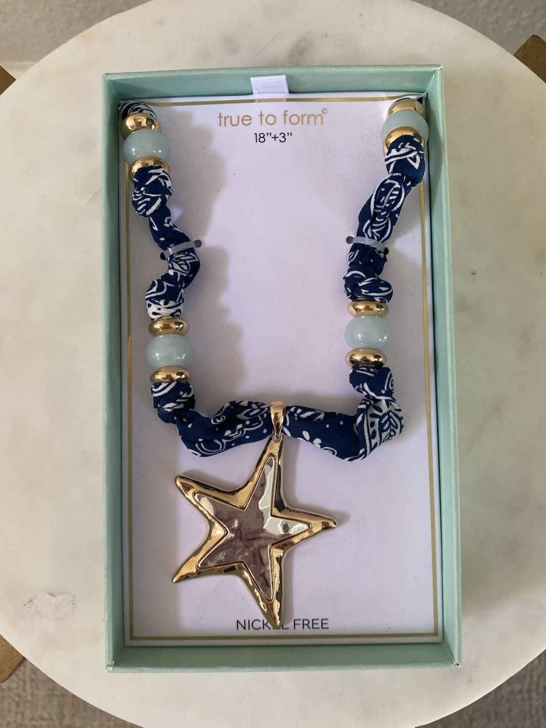 True to Form Starfish Bandana Scarf Necklace 18"+3" Blue Gold 2