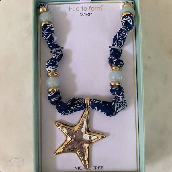 True to Form Starfish Bandana Scarf Necklace 18"+3" Blue Gold