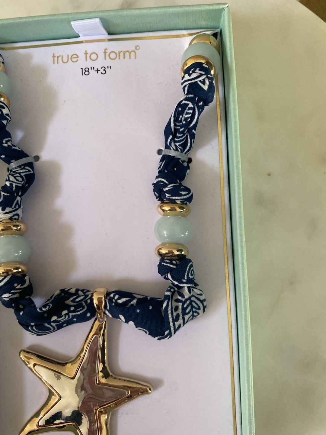 True to Form Starfish Bandana Scarf Necklace 18"+3" Blue Gold 5