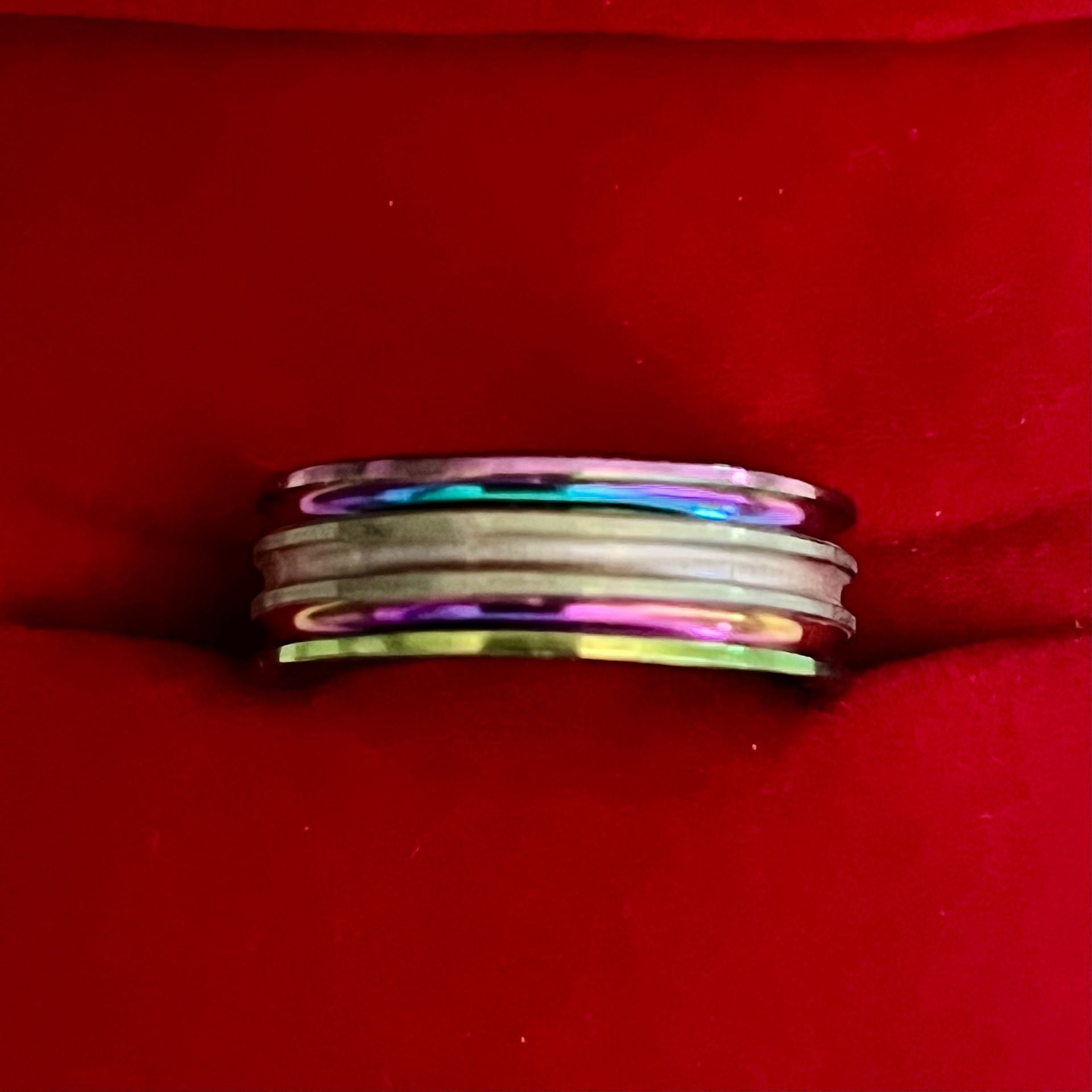 Tungsten Carbide Iridescent Rainbow Beveled Ridges Polished Finish 6mm Band Size 11 3