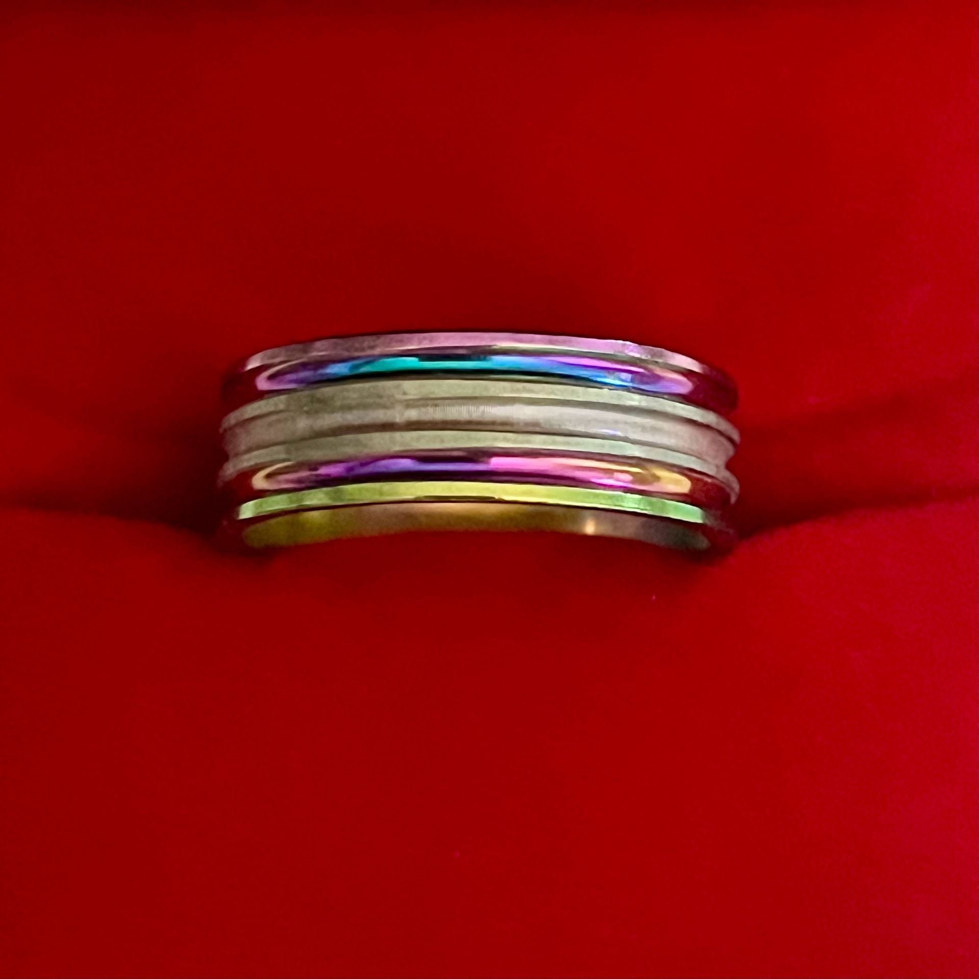 Tungsten Carbide Iridescent Rainbow Beveled Ridges Polished Finish 6mm Band Size 11 4
