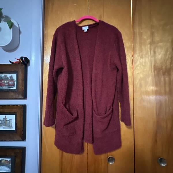 LuLaRoe Cardigan Sweater Size XL Burgundy Fuzzy Open Front Pockets