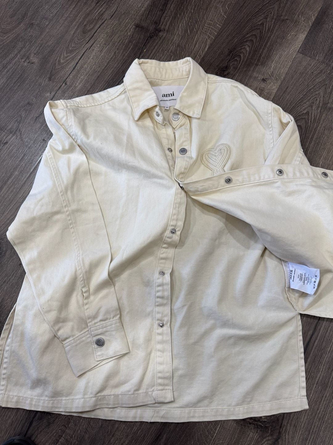 Ami Paris Oversized Denim Shirt Off White Cream Cotton Heart Logo 4