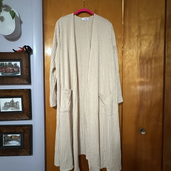 LuLaRoe Sarah Duster Cardigan Size L Beige Open Front Long Sweater
