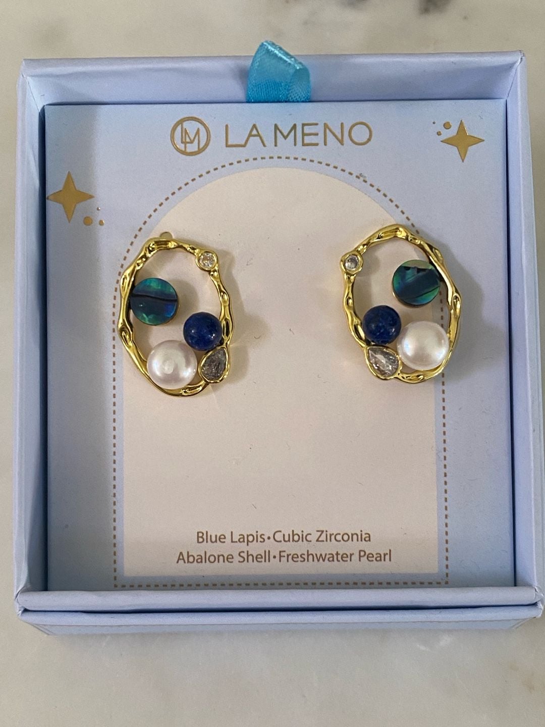 La Meno Irregular Gold Stud Earrings Blue Lapis Abalone Pearl 2