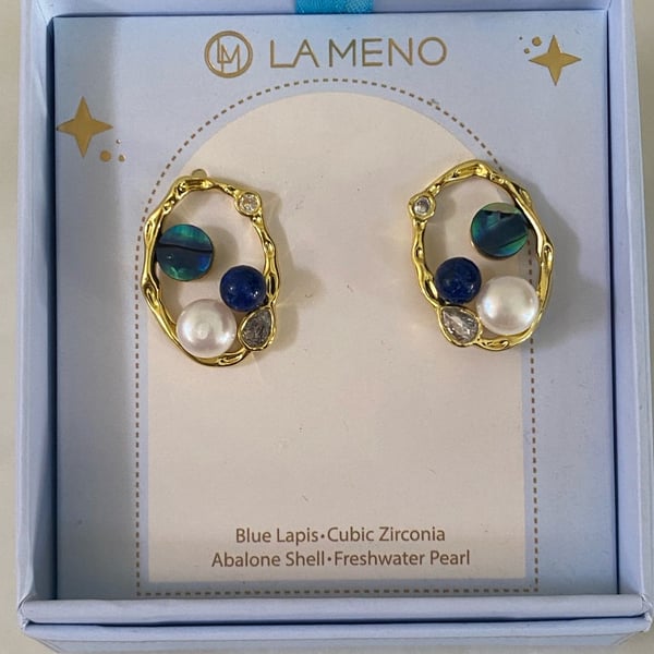 La Meno Irregular Gold Stud Earrings Blue Lapis Abalone Pearl