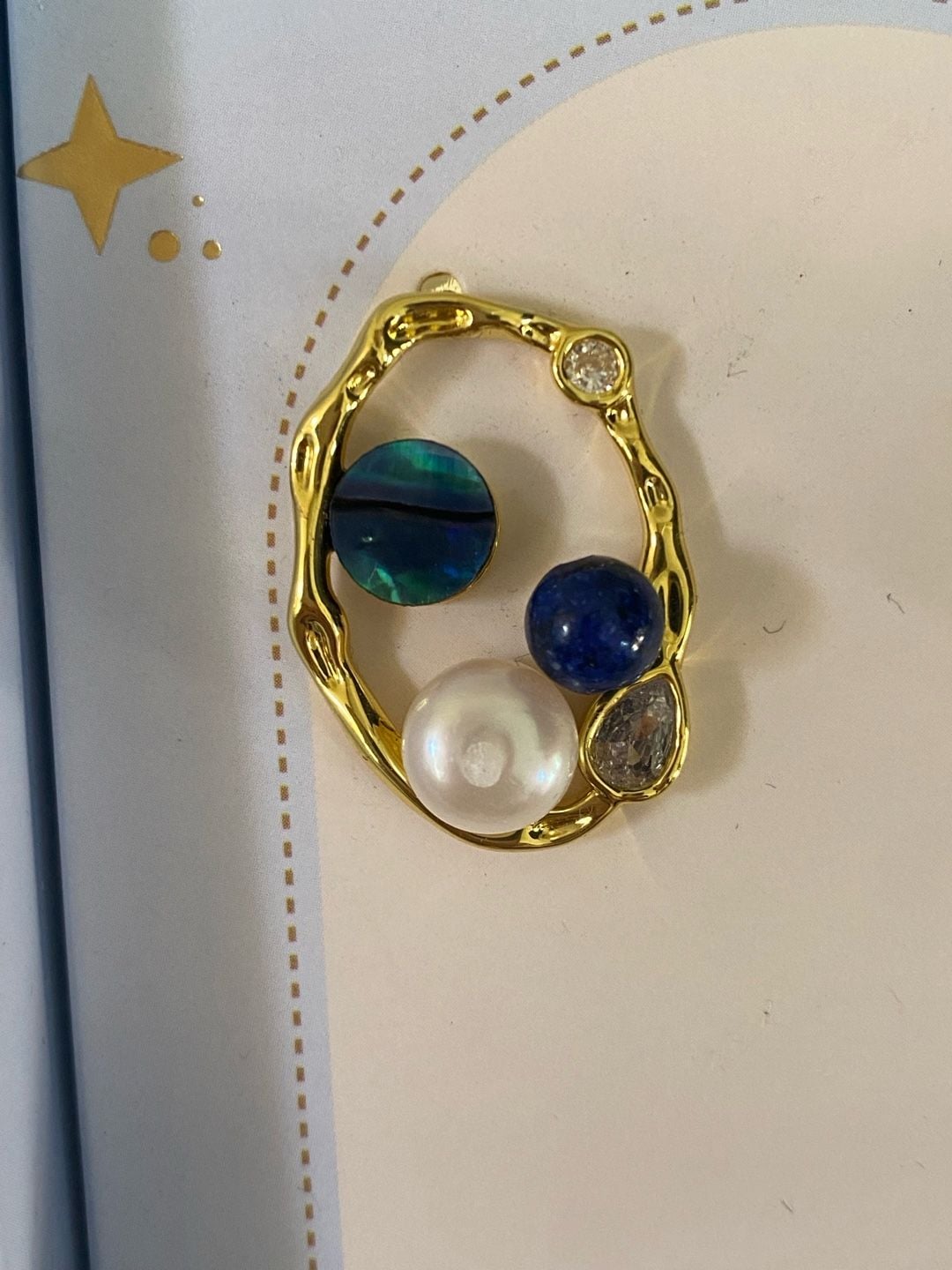 La Meno Irregular Gold Stud Earrings Blue Lapis Abalone Pearl 4