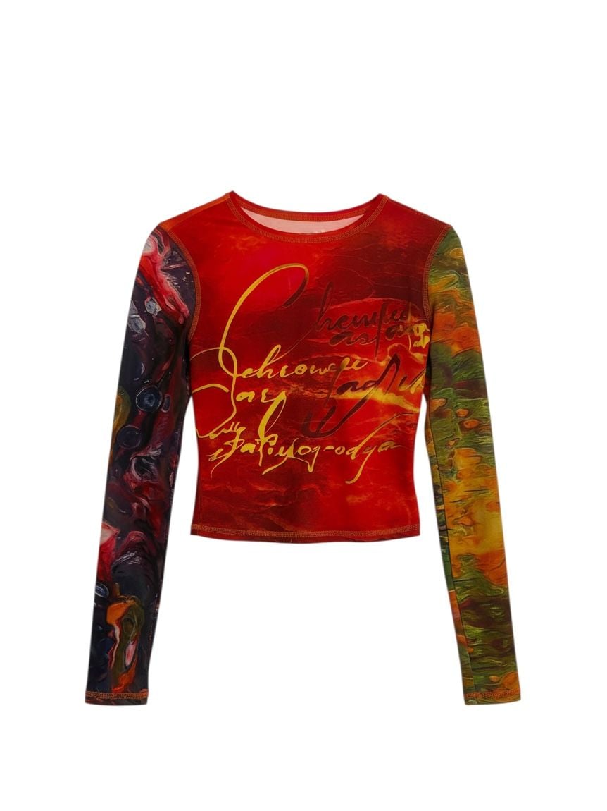 Long Sleeve Crop Top Size M Red Letter Graphic 2