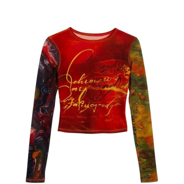 Long Sleeve Crop Top Size M Red Letter Graphic