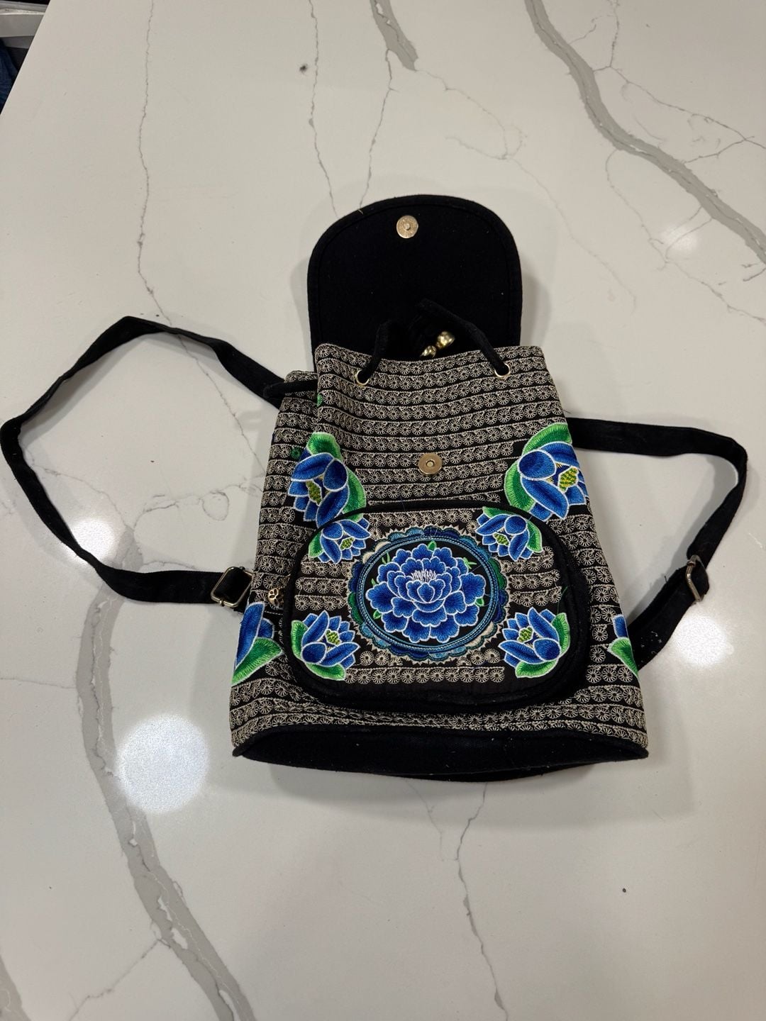 Hmong Embroidered Floral Canvas Backpack Black Blue 2