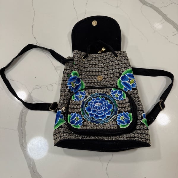 Hmong Embroidered Floral Canvas Backpack Black Blue