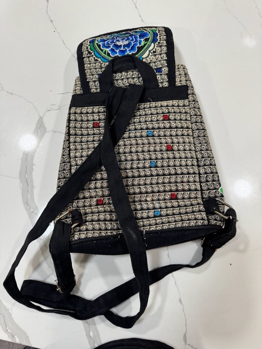 Hmong Embroidered Floral Canvas Backpack Black Blue 3