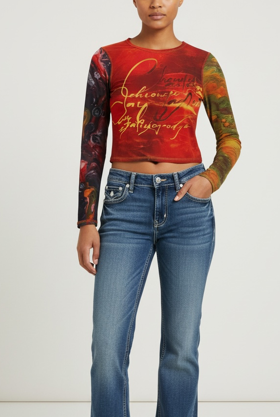 Long Sleeve Crop Top Size M Red Letter Graphic 6