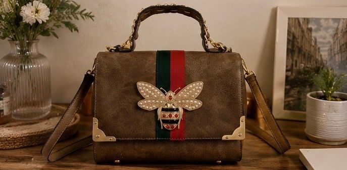 Alba Queen Bee Stripe 2-in-1 Boxy Satchel Brown Handbag 2