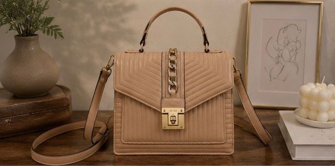 Aldo Jerilini Quilted Top Handle Satchel Bag Beige 2