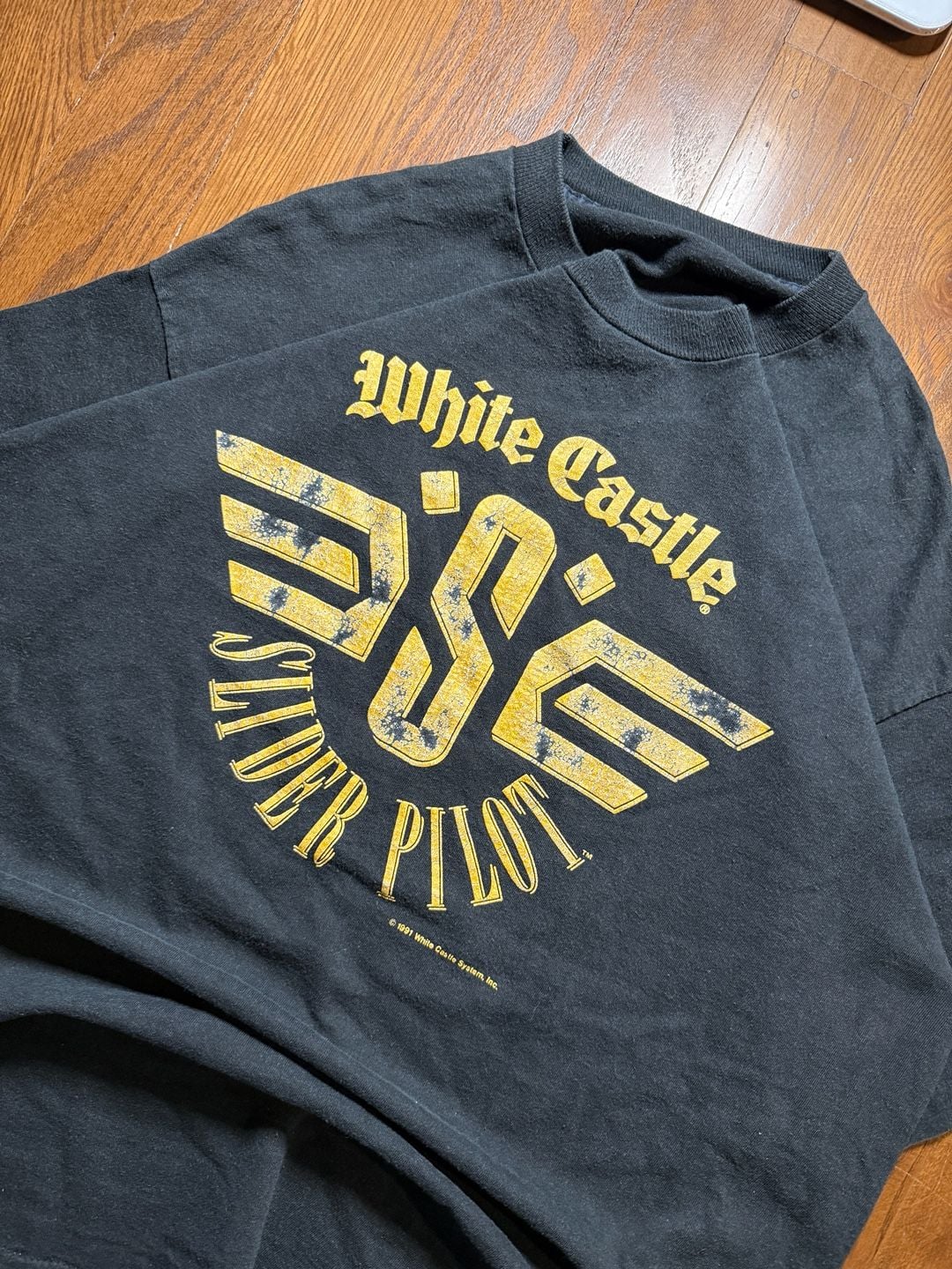 Vintage 1991 White Castle Slider Pilot T-Shirt Black 3