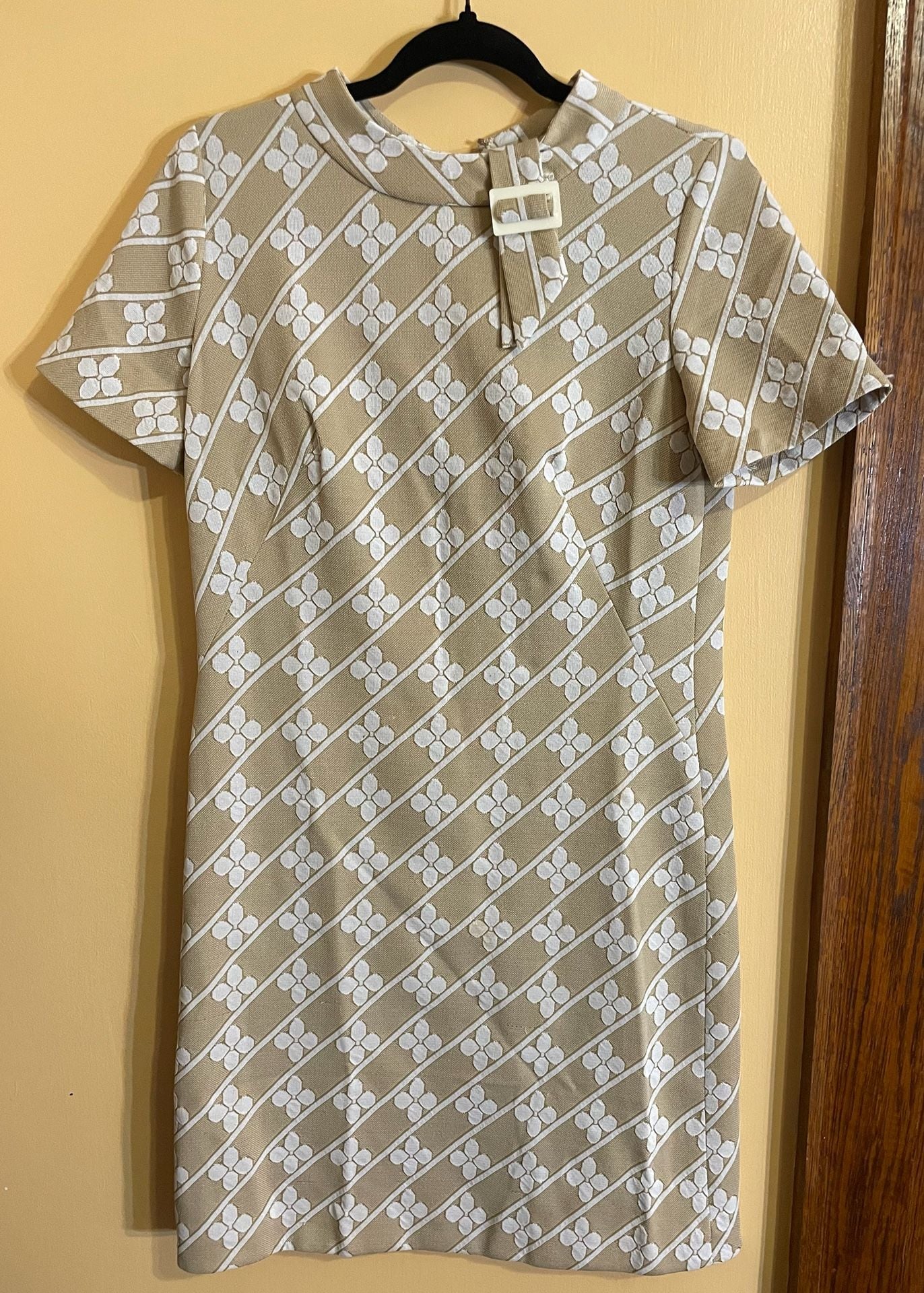 Vintage 60s Mod Geometric Mini Dress Tan White Floral 2