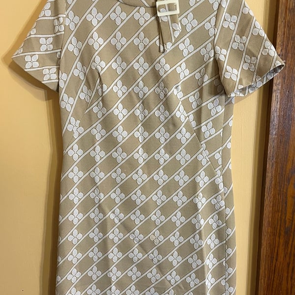 Vintage 60s Mod Geometric Mini Dress Tan White Floral