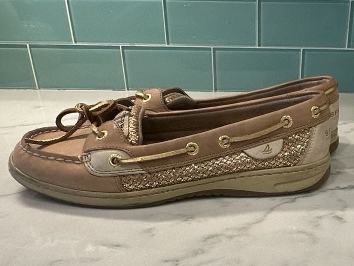 Sperry Angelfish Boat Shoes Tan Gold Glitter Leather 3