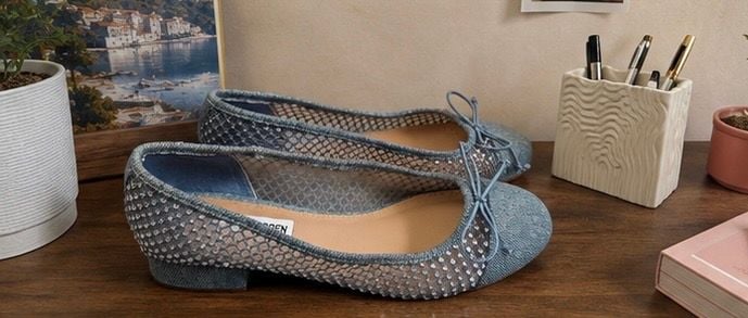 Steve Madden Cherish Block-Heel Ballet Flats Denim Mesh Rhinestone 1