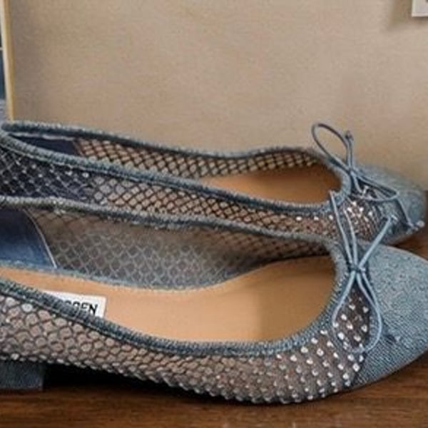Steve Madden Cherish Block-Heel Ballet Flats Denim Mesh Rhinestone