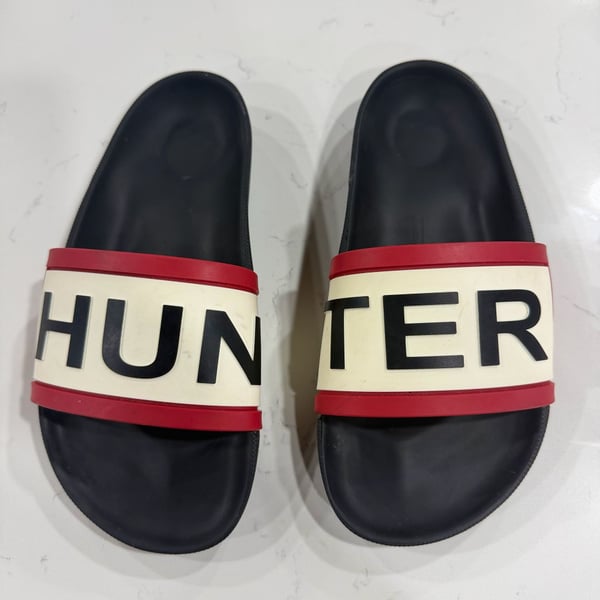 Hunter Original Logo Slides Black White Red Sandals Mens 7/Woman's 10