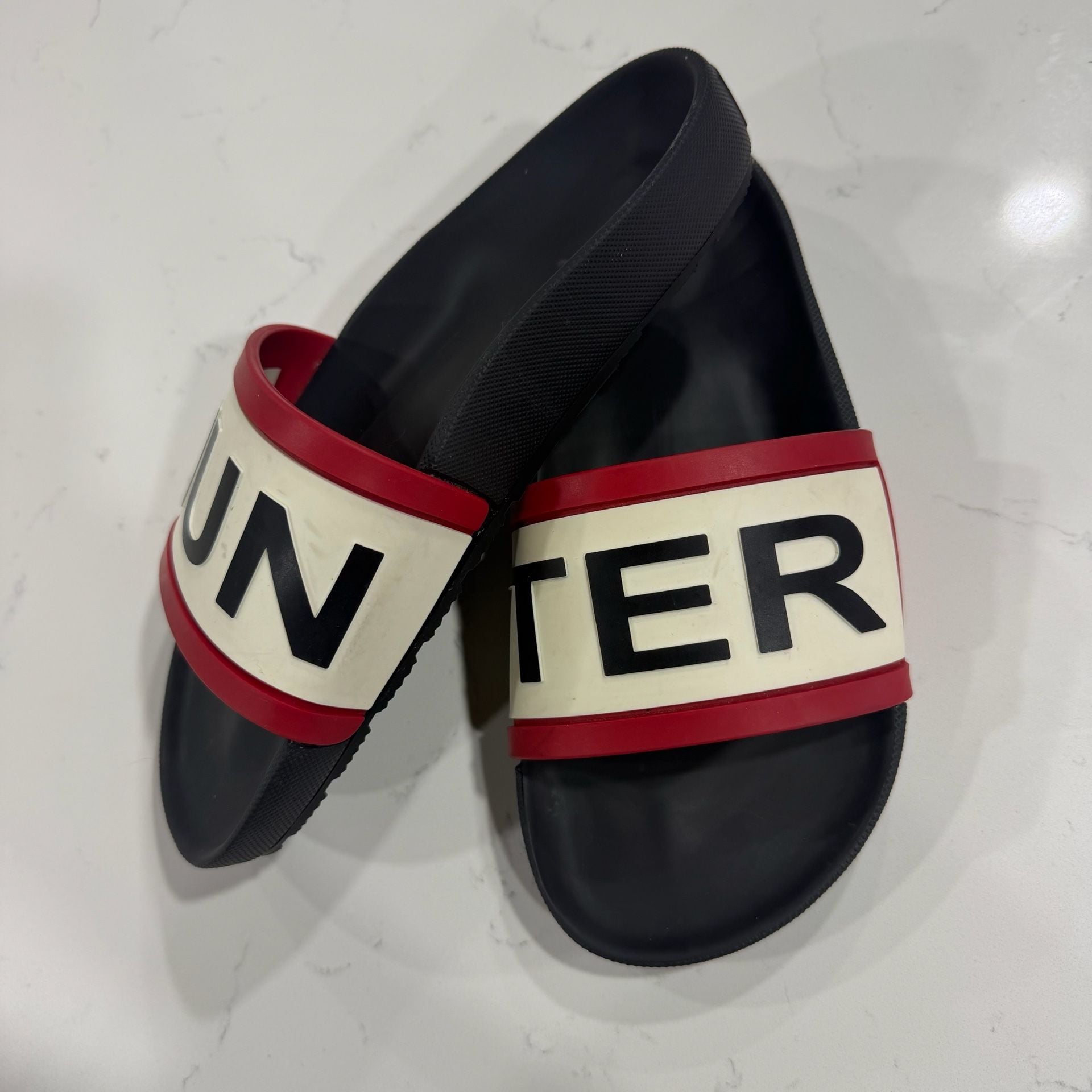 Hunter Original Logo Slides Black White Red Sandals Mens 7/Woman's 10 4