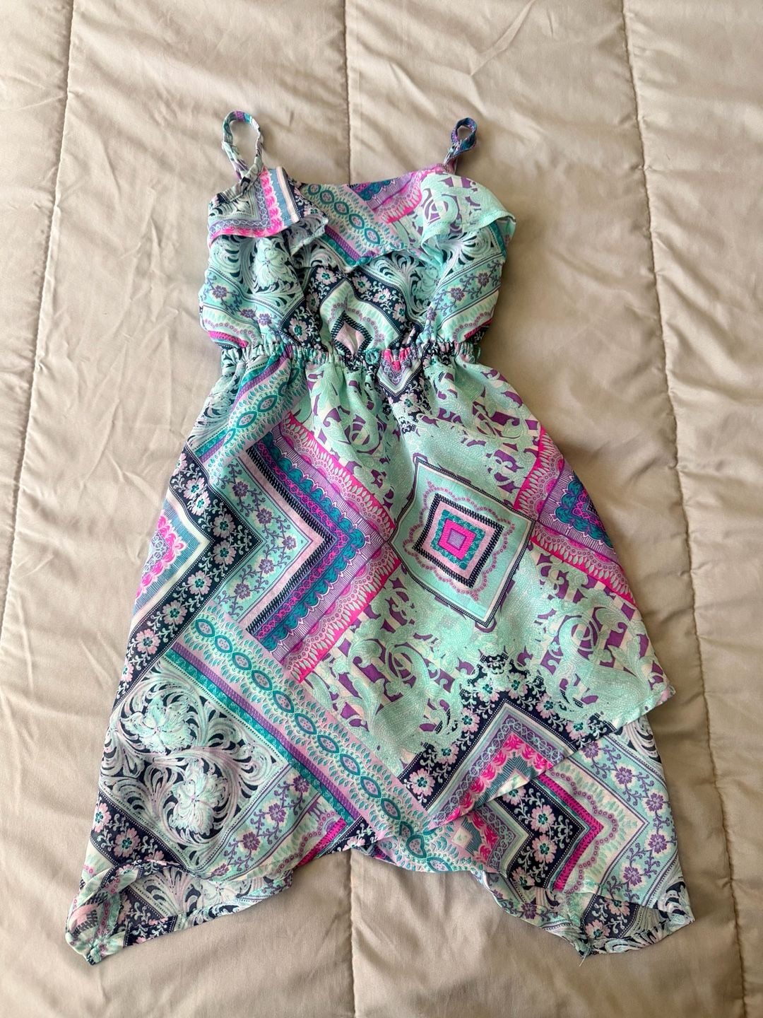 The Children's Place Dress Size XS 4 Turquoise Paisley Asymmetrical Hanky Hem 1