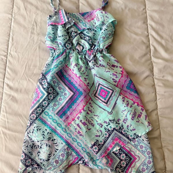 The Children's Place Dress Size XS 4 Turquoise Paisley Asymmetrical Hanky Hem