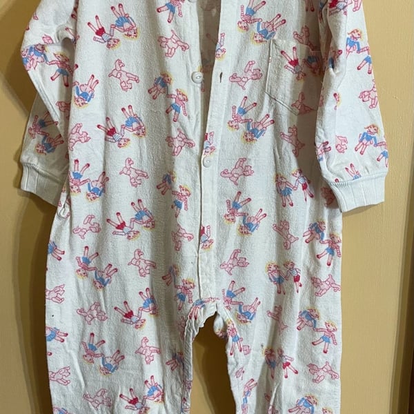 Eureka Flannelette Pajama Jumpsuit Vintage Doll Print Flannel