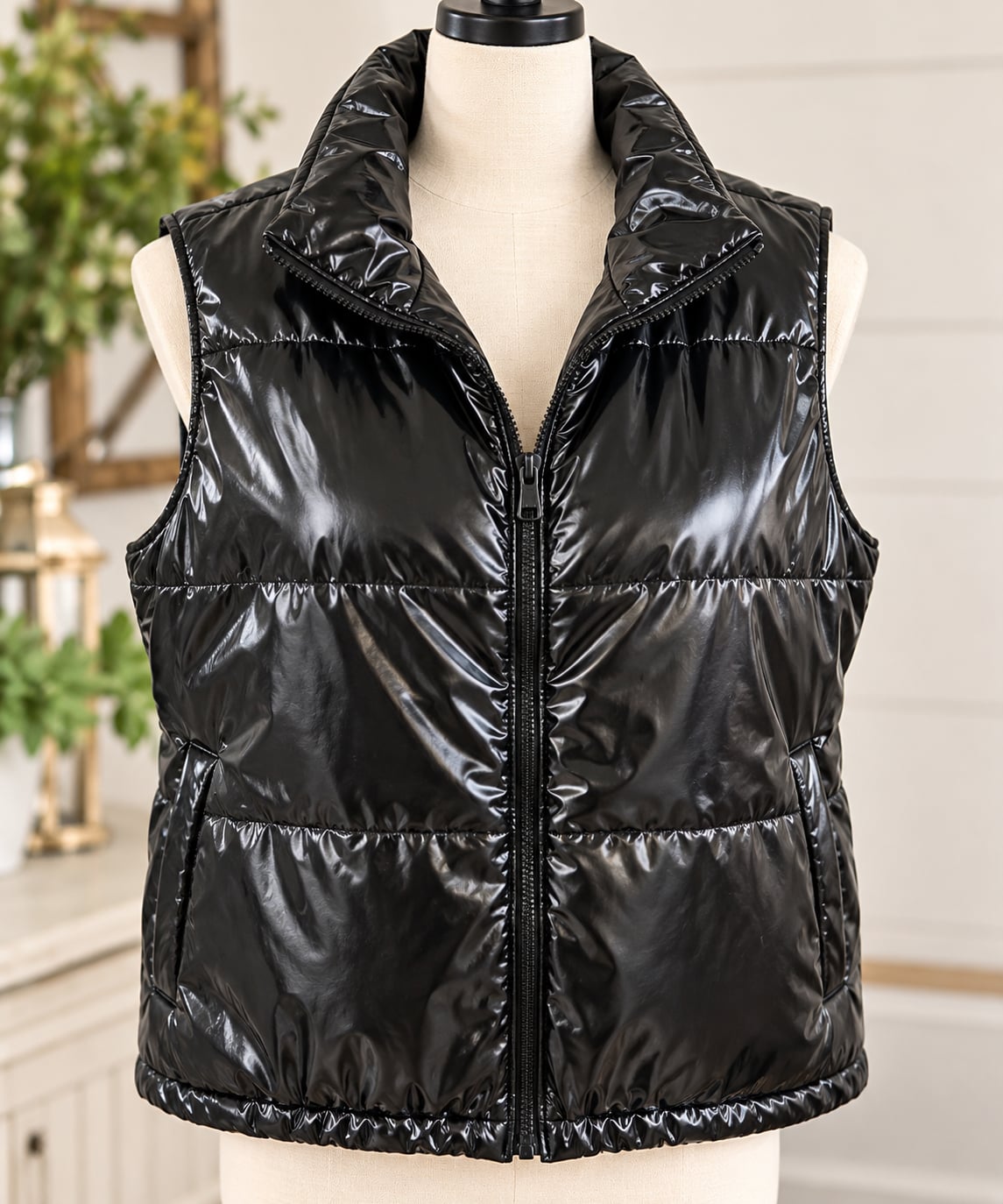 Taxi Puffer Vest Size 1X Black Glossy Full Zip High Neck 2