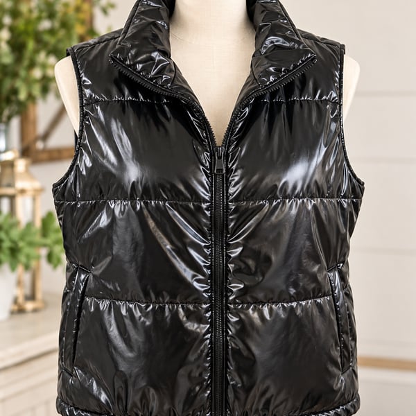 Taxi Puffer Vest Size 1X Black Glossy Full Zip High Neck