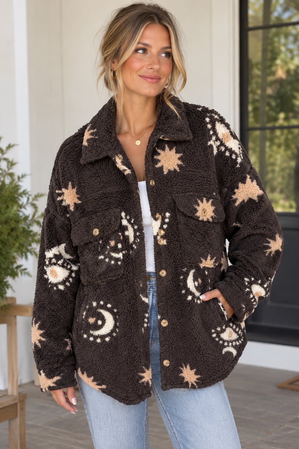 Celestial Borg Fleece Soft Shacket Brown Witchy Moon and Stars Sz XL 2