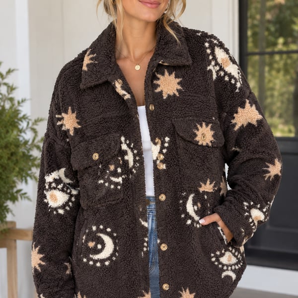 Celestial Borg Fleece Soft Shacket Brown Witchy Moon and Stars Sz XL