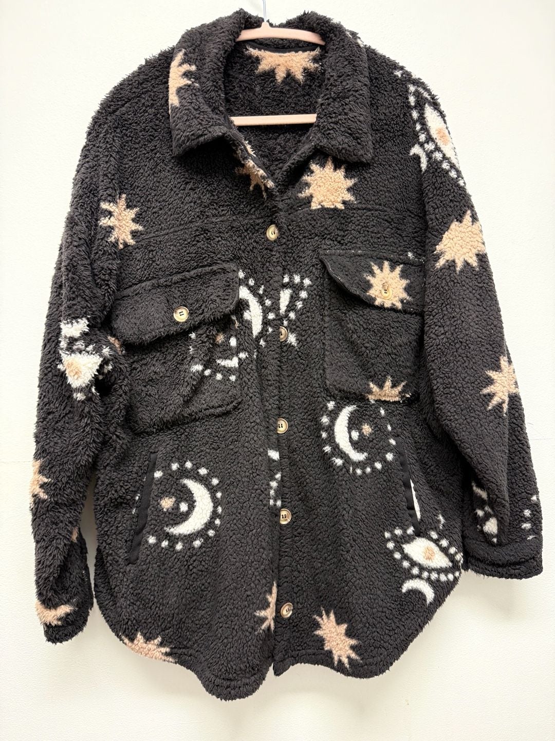 Celestial Borg Fleece Soft Shacket Brown Witchy Moon and Stars Sz XL 3