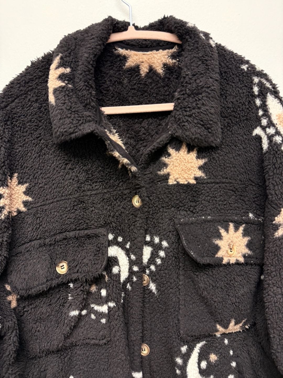 Celestial Borg Fleece Soft Shacket Brown Witchy Moon and Stars Sz XL 5