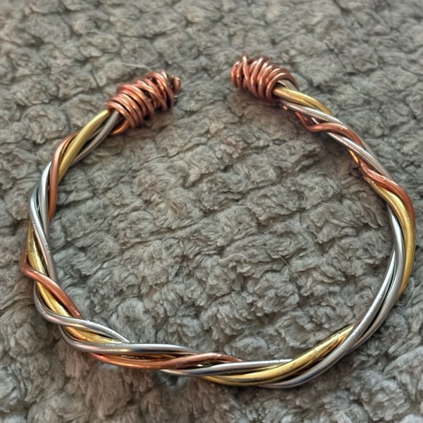 Handmade Tri-Color Wire Twisted Cuff Bracelet Copper Brass Silver