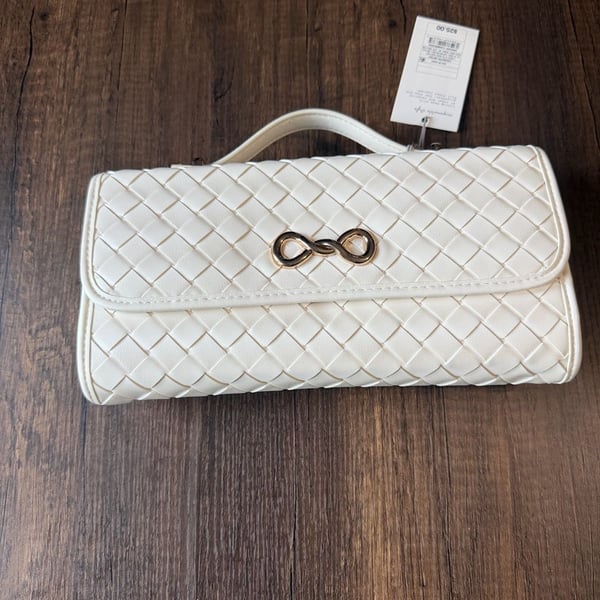 A New Day Woven Clutch Bag Cream White Gold Metal Embellishment