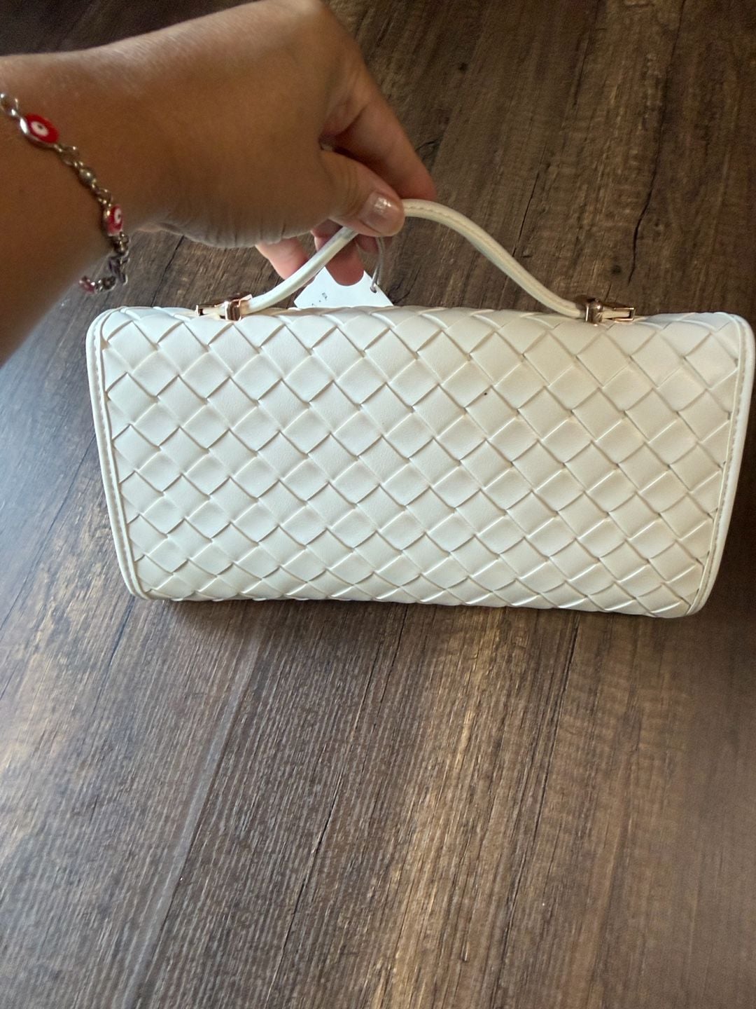 A New Day Woven Clutch Bag Cream White Gold Metal Embellishment 7