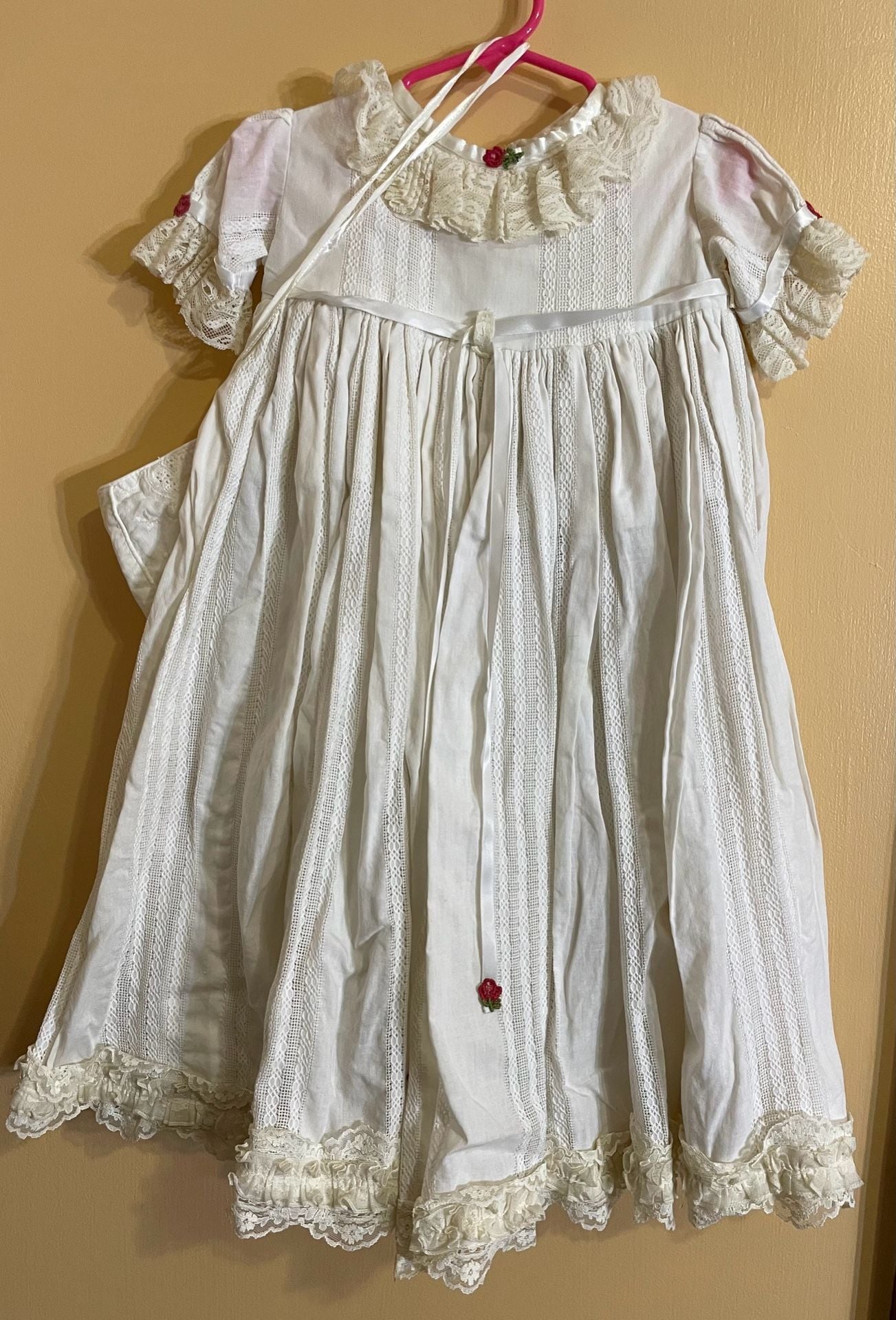 Vintage White Lace Christening Gown with Bonnet and Embroidered Rose Detail 1