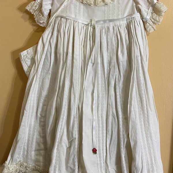 Vintage White Lace Christening Gown with Bonnet and Embroidered Rose Detail