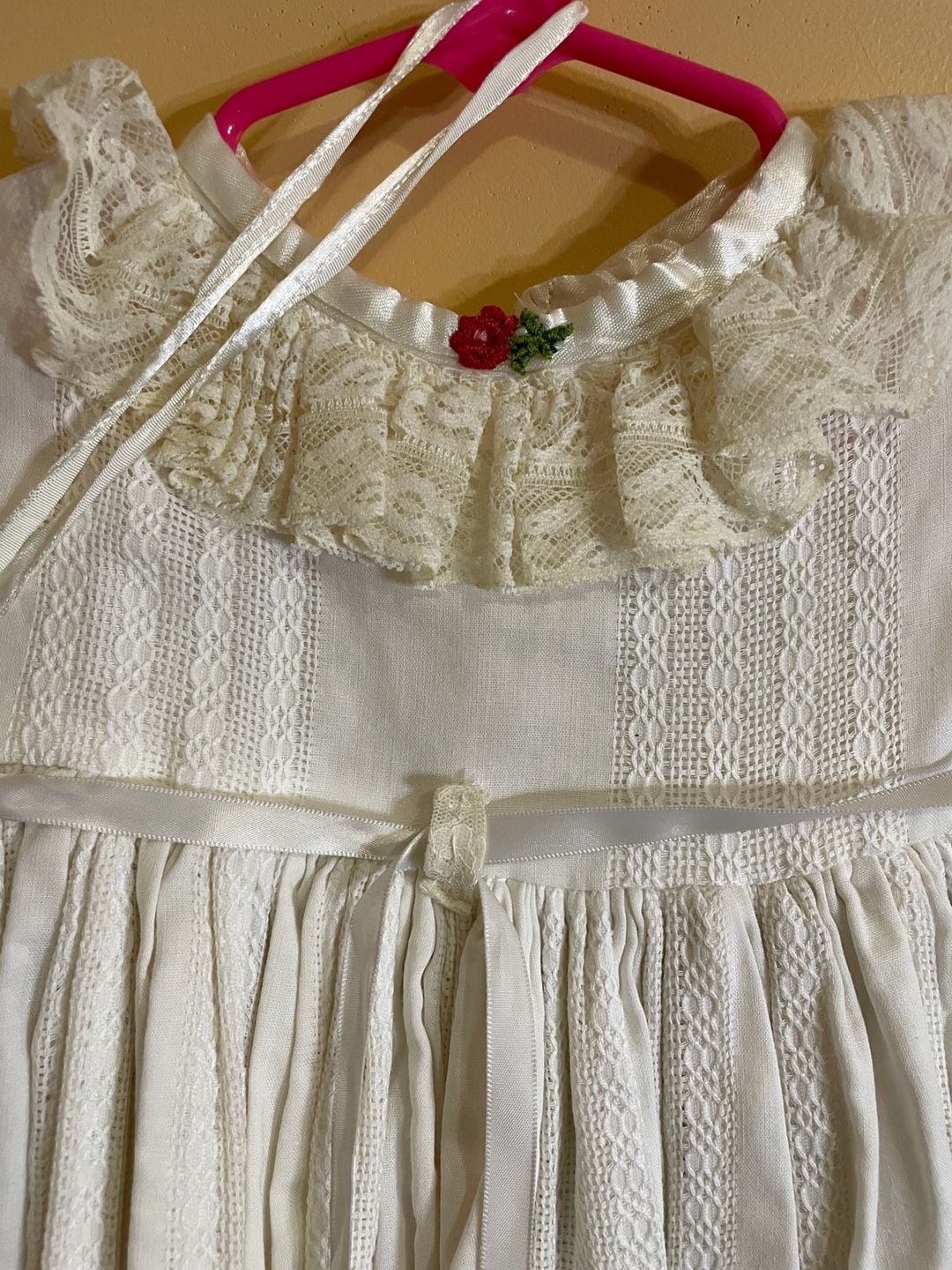 Vintage White Lace Christening Gown with Bonnet and Embroidered Rose Detail 2