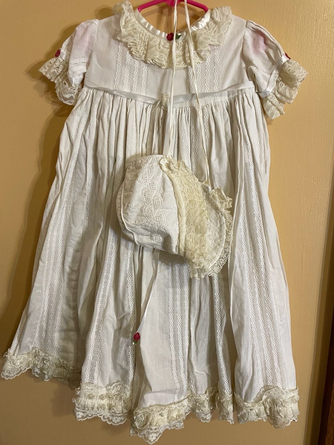 Vintage White Lace Christening Gown with Bonnet and Embroidered Rose Detail 3