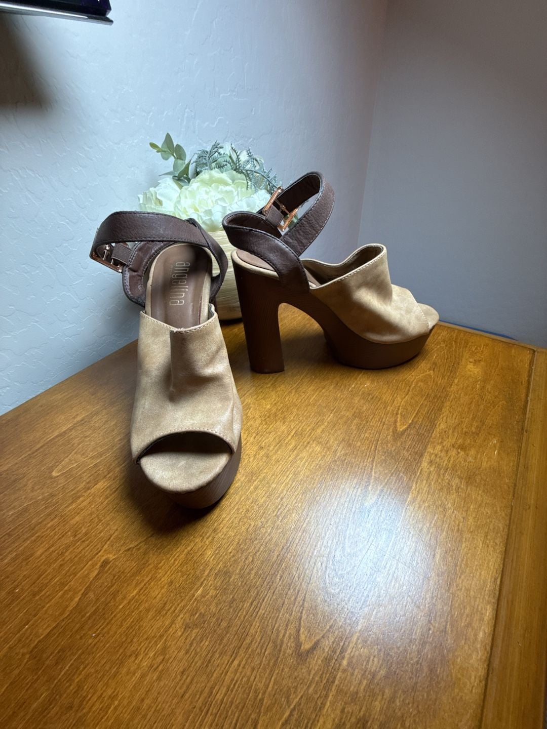 Angelina Platform Heels Size 6.5 Brown Tan Suede Slingback Sandals 2