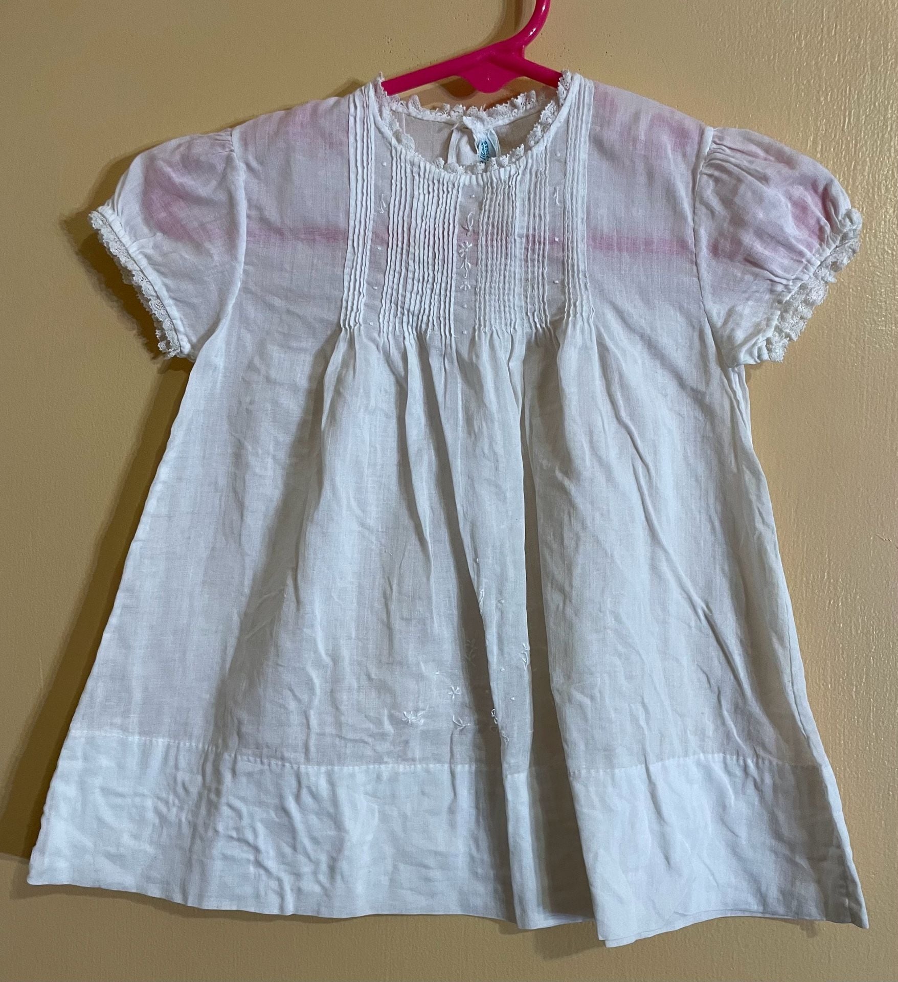 Vintage White Cotton Embroidered Pintuck Puff Sleeve Baby Dress 2