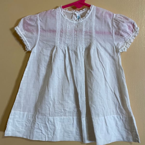 Vintage White Cotton Embroidered Pintuck Puff Sleeve Baby Dress 
